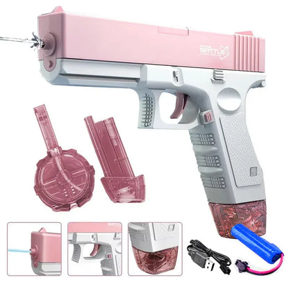 Pistola de Agua Eléctrica con Retroceso y Luces — Juguete de Verano para Niños