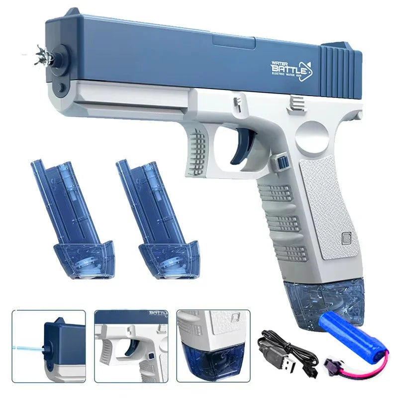 Pistola de Agua Eléctrica con Retroceso y Luces — Juguete de Verano para Niños