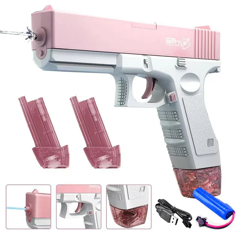 Pistola de Agua Eléctrica con Retroceso y Luces — Juguete de Verano para Niños